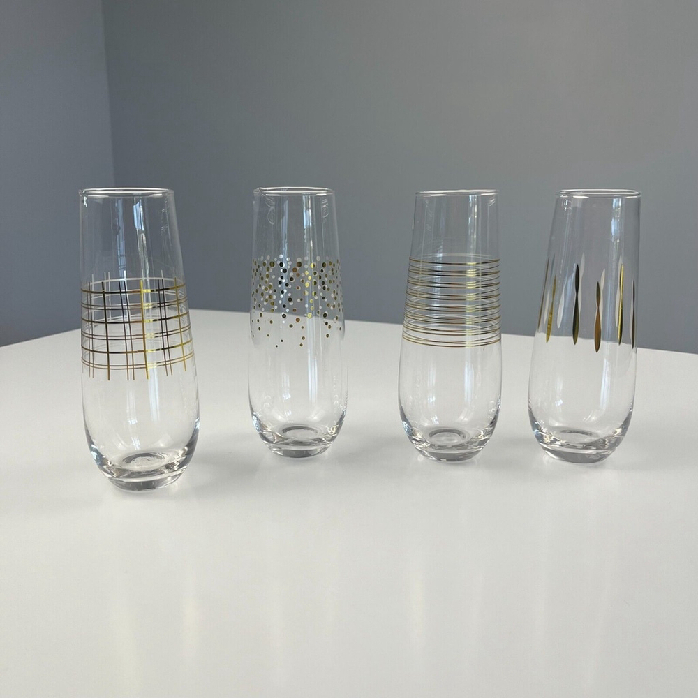 Hand blown glass champagne flute wine glasses set of 4 gold detail stemless